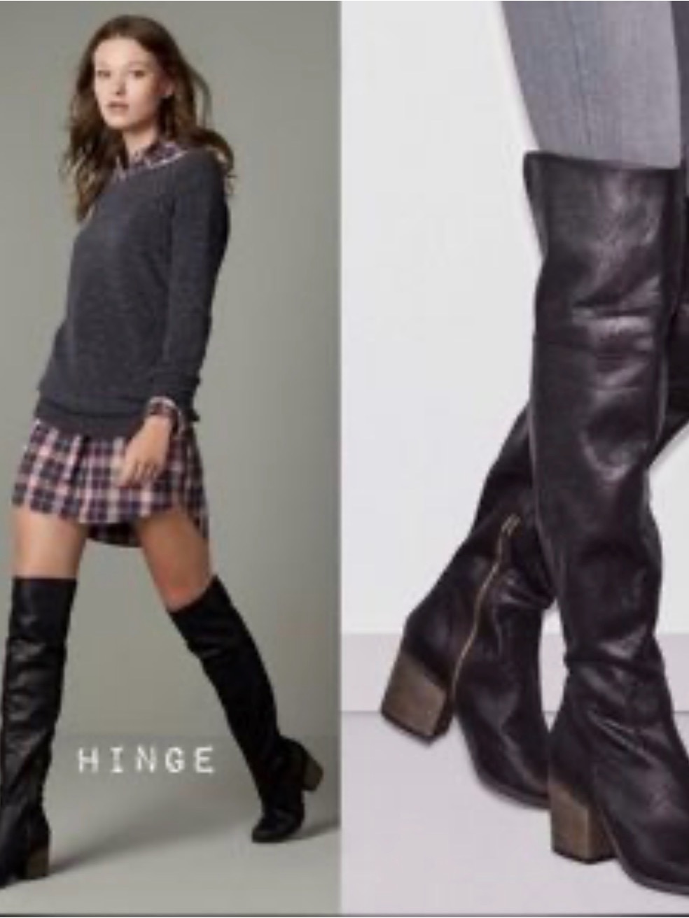 Hinge Black Over-The-Knee Leather Boots With Block Heel Size 8